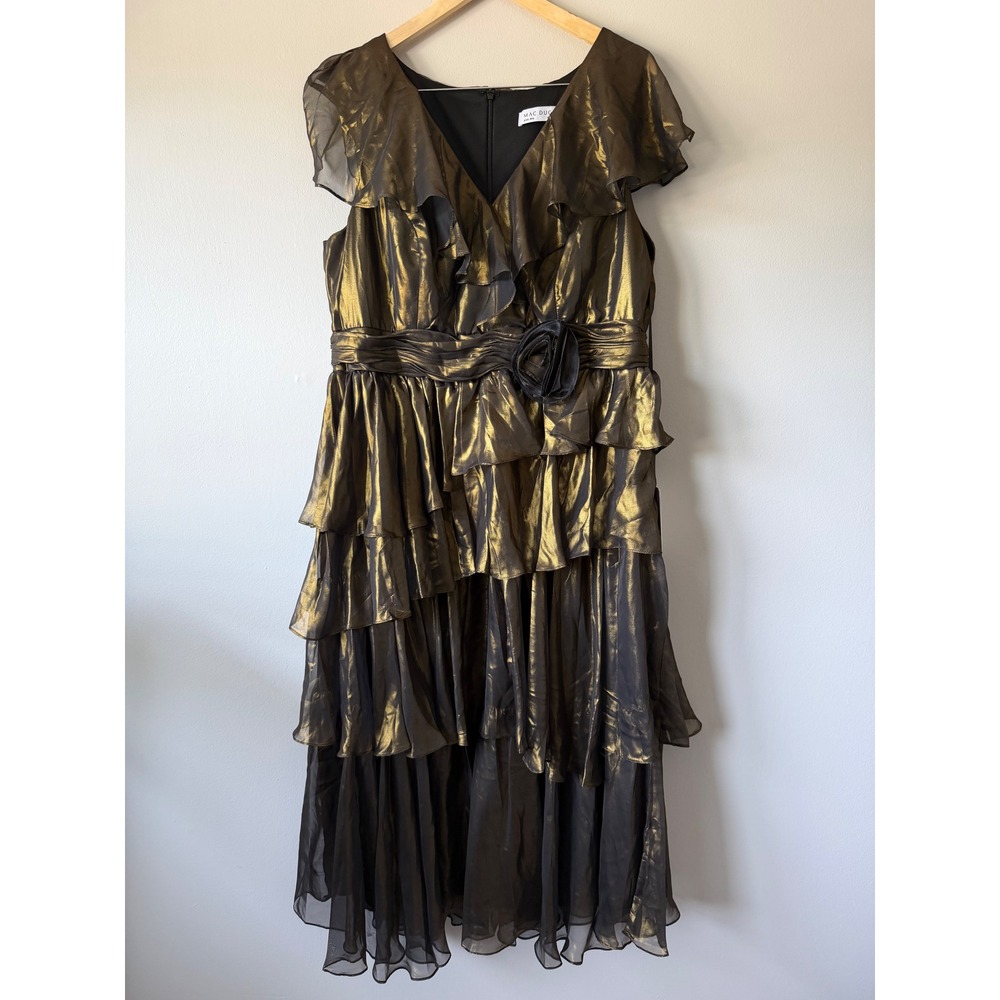 Mac Duggal Tiered Ruffle Gown 18W Black Gold Metallic Rosette 49775W